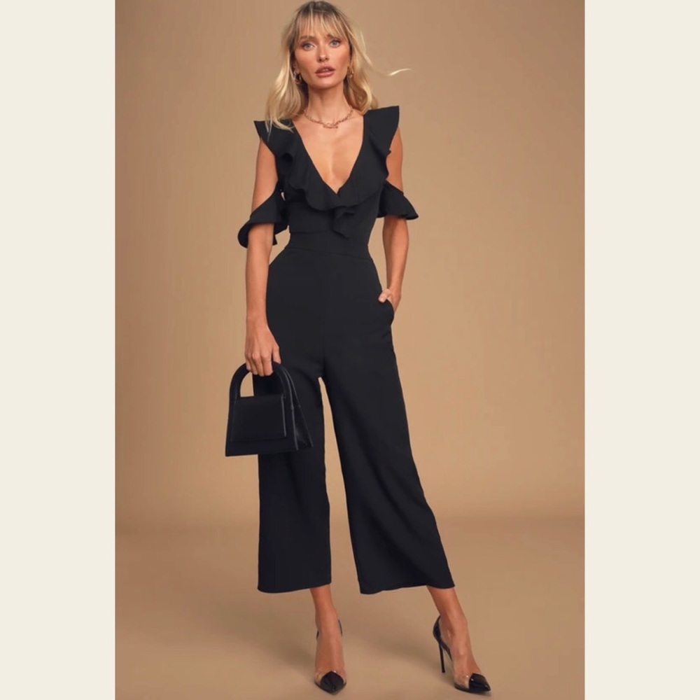 Lulus Doozy Black Ruffled Wide Leg Off The Shoulder Jumpsuit NWT XL